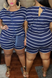 Light Green Fashion Casual Striped Plus Size Short Sleeve Romper
