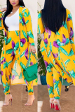 Yellow Sexy Printing Cardigan Long Sleeve Trousers Suit