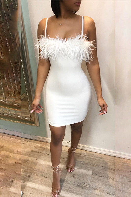 White Fashion Sexy Feather Strap Dress