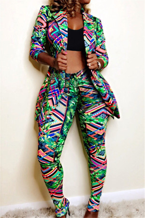 Green Fashion Casual Print Long-Sleeved Two-Piece Suit