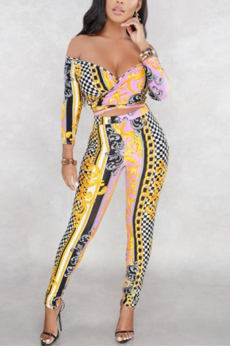 Yellow Fashion Sexy Print Basic V Neck Long Sleeve Regular Sleeve Short Two Pieces