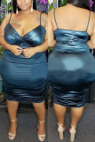 Blue Sexy Fashion Plus Size Sling Tight Dress