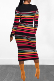 Red Casual Long Sleeve Striped Dress