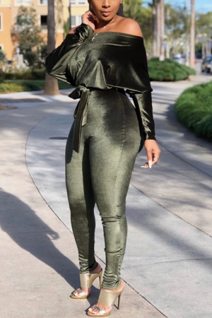 Green Casual Velvet Off-The-Shoulder Jumpsuit (With Belt)