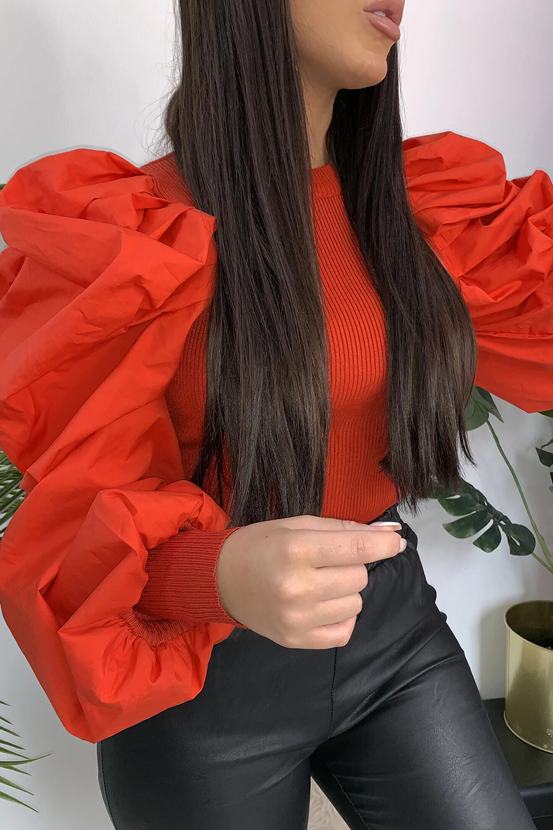 Temperament Fashion Stitching Puff Sleeve Orange Tops