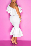 White Fashion Sexy Oblique Shoulder Ruffled Dress