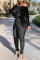 Black Casual Velvet Off-The-Shoulder Jumpsuit (With Belt)