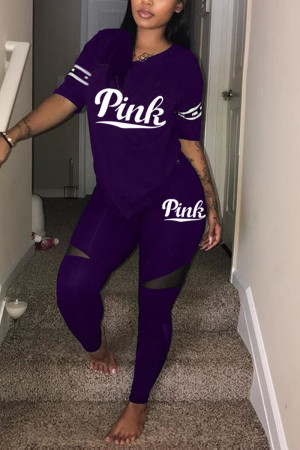 Purple Fashion Letter Printed T-shirt Trousers Set