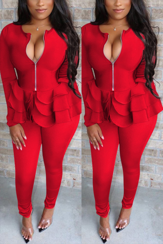 Red Fashion Casual Solid Color Ruffle Long Sleeve Two-Piece