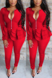 Red Fashion Casual Solid Color Ruffle Long Sleeve Two-Piece