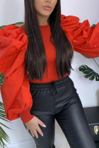 Orange Temperament Fashion Stitching Puff Sleeve Tops