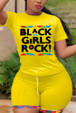 Yellow Fashion Casual Printed Short-sleeved Top Set