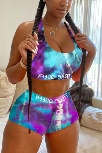 Light Blue Sexy Fashion Print Sleeveless Top Shorts Set