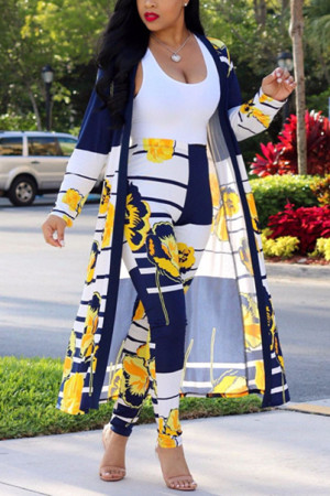 Yellow Sexy Printing Cardigan Long Sleeve Trousers Suit