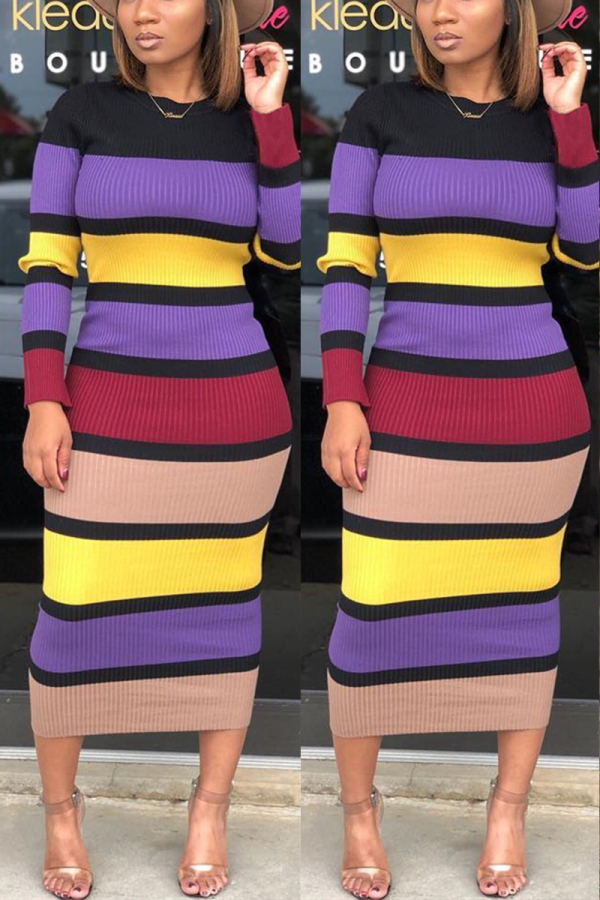 Purple Casual Long Sleeve Striped Dress