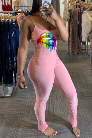Pink Sexy Lips Print Sling Slim Jumpsuit