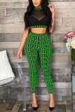 Green Sexy Printed Twilled Satin Two-piece Pants Set(No Underwear)