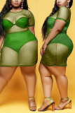 Fluorescent green Sexy Perspective Mesh Plus Size Dress