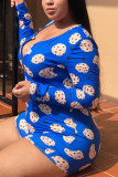 Blue Sexy Fashion Printed Long Sleeve Plus Size Romper