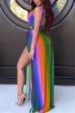 Yellow Sexy Rainbow Printing Striped V-neck Dress