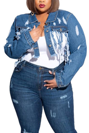 Dark Blue Denim Sexy Turndown Collar Solid Hole tassel Old washing backless Tassel Plus Size