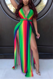 Orange Sexy Rainbow Printing Striped V-neck Dress