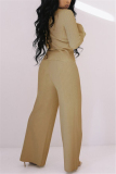 Khaki Fashion Casual Solid Basic Turndown Collar Long Sleeve Regular Sleeve Regular Two Pieces