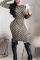 Brown Lightly cooked Fashion adult Cap Sleeve Long Sleeves O neck Step Skirt Knee-Length Print C