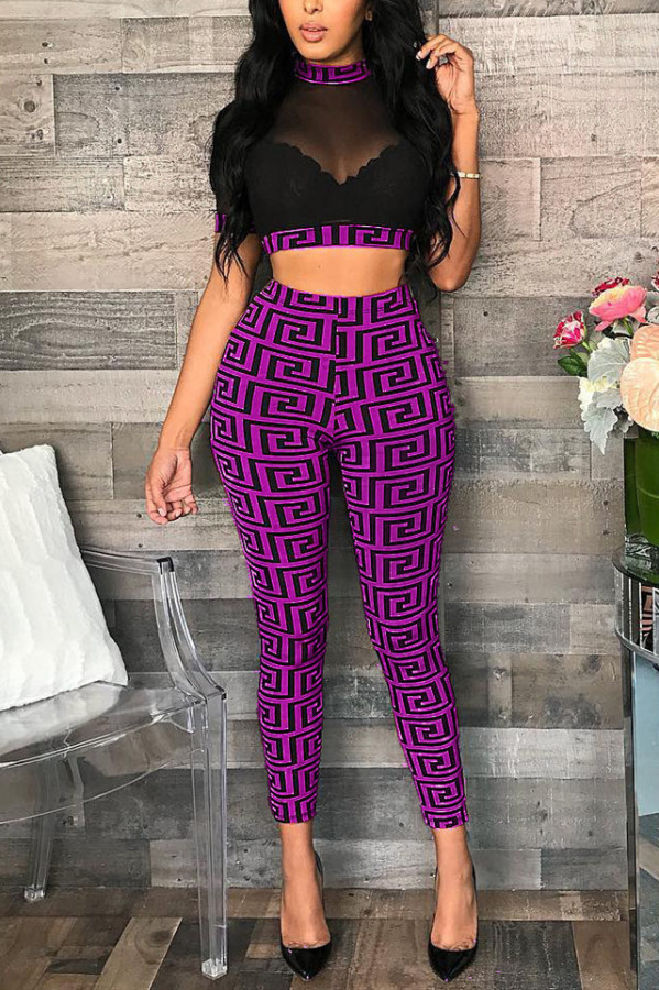 Purple Sexy Printed Twilled Satin Two-piece Pants Set(No Underwear)