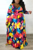 Multicolor Large Size Print Waist Temperament Dress
