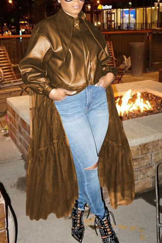 Brown Fashion Adult Faux Leather Solid Patchwork Turndown Collar Outerwear