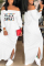 White Euramerican Dew Shoulder Letters Printed Ankle Length Dress