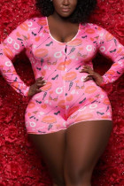 Pink Sexy Fashion Printed Long Sleeve Plus Size Romper
