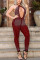 Wine Red Fashion Sexy Solid Hollowed Out Backless Halter Skinny Jumpsuits