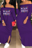 Purple Euramerican Dew Shoulder Letters Printed Ankle Length Dress