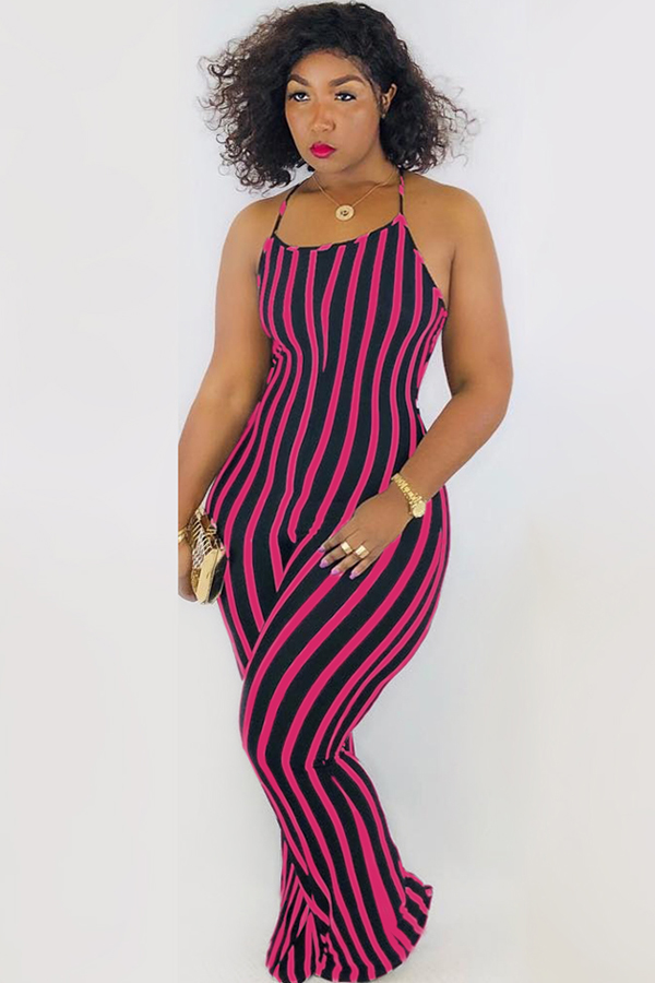 

rose red Casual Striped Polyester Long Sleeve Slip Jumpsuits