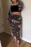 Camouflage Fashion Casual Long Sleeve Hooded Collar Regular Sleeve Short Camouflage Print Two Pieces