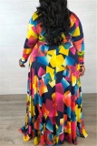 Multicolor Large Size Print Waist Temperament Dress