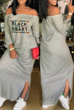 Black Euramerican Dew Shoulder Letters Printed Ankle Length Dress