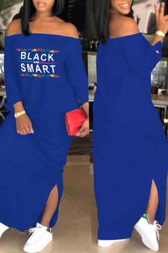 Blue Euramerican Dew Shoulder Letters Printed Ankle Length Dress