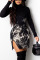 Black Sexy Air Layer Fabric Print Patchwork Tie-dye O Neck Long Sleeve Knee Length Long Sleeve Dress Dresses