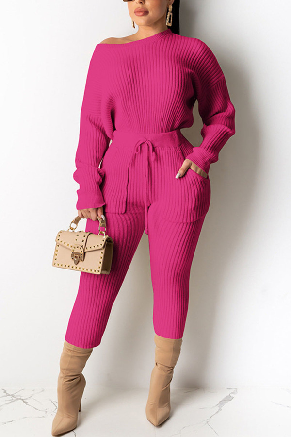 rose red Casual Daily Pit Article Fabrics Solid Pullovers Pants O Neck Long Sleeve Regular Sleeve Regular Two Pieces