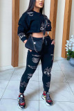 Black Fashion Casual Letter Print Letter O Neck Long Sleeve Regular Sleeve Short Two Pieces