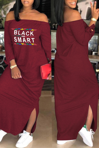 Wine Red Euramerican Dew Shoulder Letters Printed Ankle Length Dress