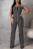 Black Casual Striped Polyester Long Sleeve Slip  Jumpsuits