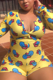 Multicolor Sexy Fashion Printed Long Sleeve Plus Size Romper