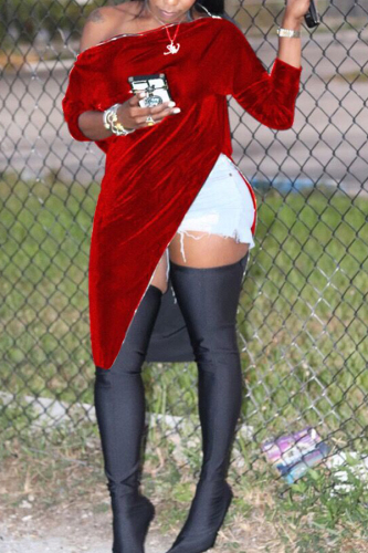 Red Street Off The Shoulder Long Sleeves One word collar Asymmetrical Knee-Length Solid asymme