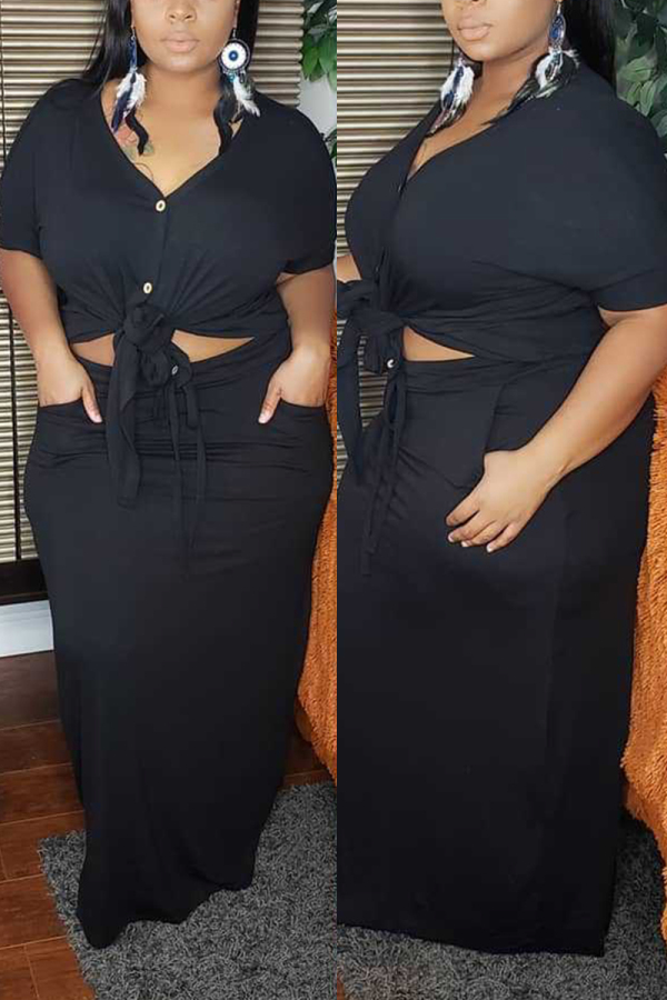 Black Fashion Sexy Short Sleeve Skirt Two-piece Set