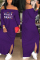Purple Euramerican Dew Shoulder Letters Printed Ankle Length Dress