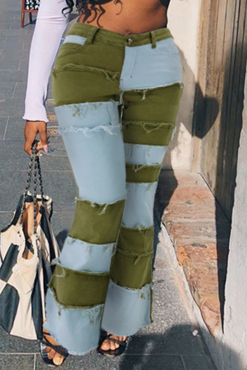 Fashion Patchwork Denim Green Jeans